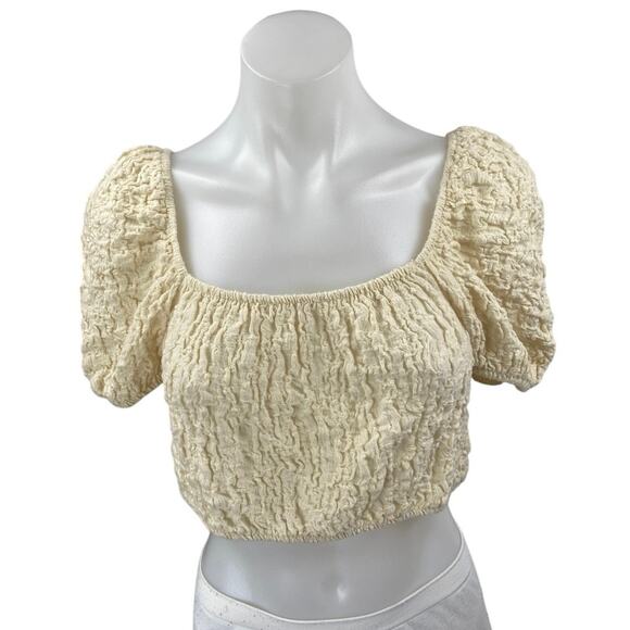 Zara Yellow Short Puff Sleeve Scoop Neck Textured Stretch Blouse Crop Top Size M - Picture 1 of 3